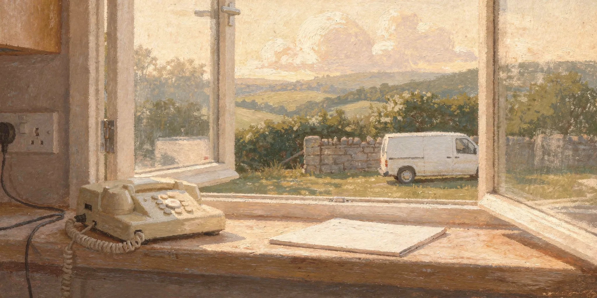 Painting of a cream telephone and a notepad on a kitchen windowsill, the window open onto a yard with a white van by a stone wall and hills beyond