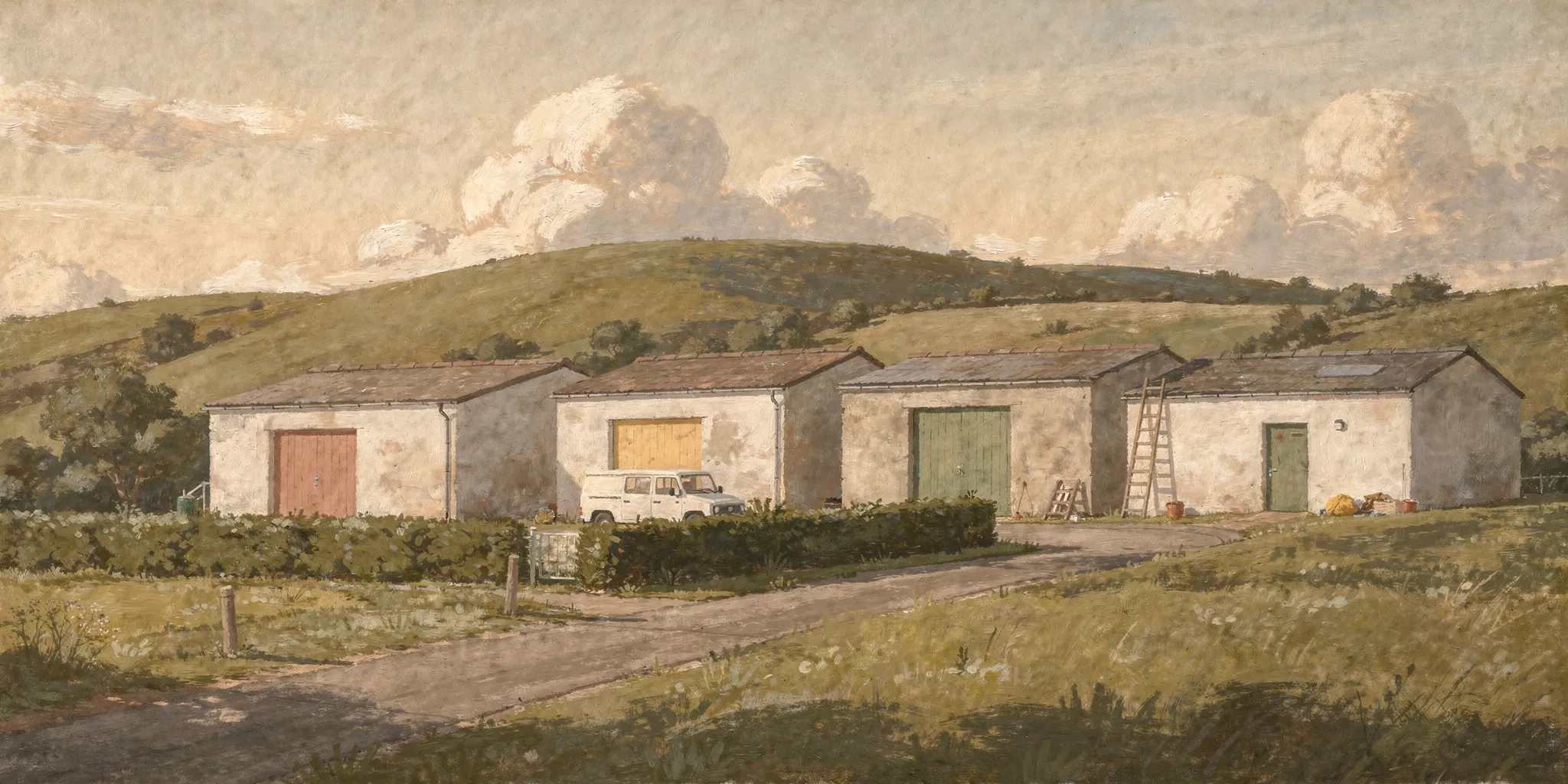 Painting of a row of plain workshop units along a lane, each with a different coloured door, a white van outside one and hills behind