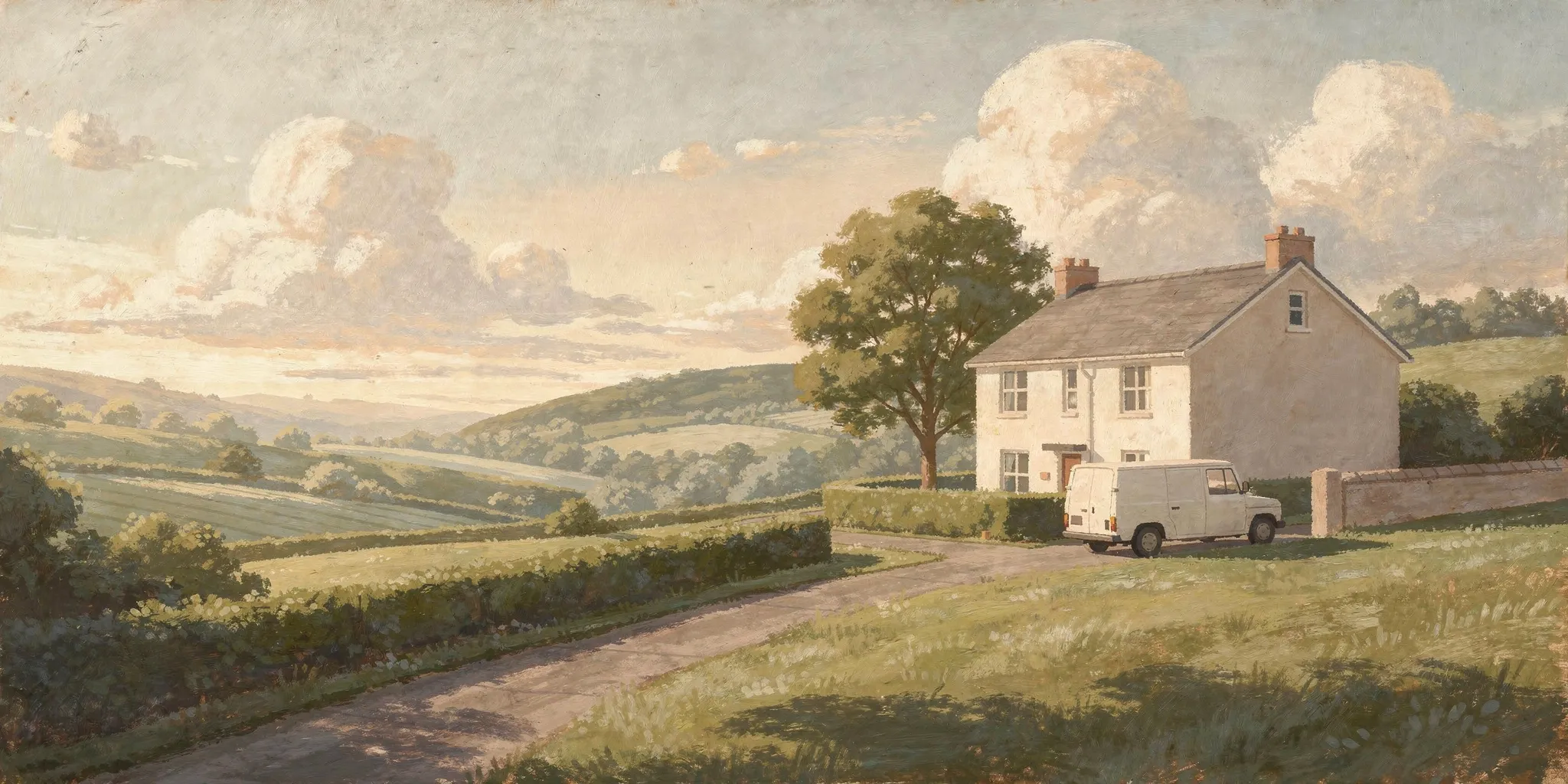 Painting of a white van on the driveway of a plain house, with hills and clouds beyond