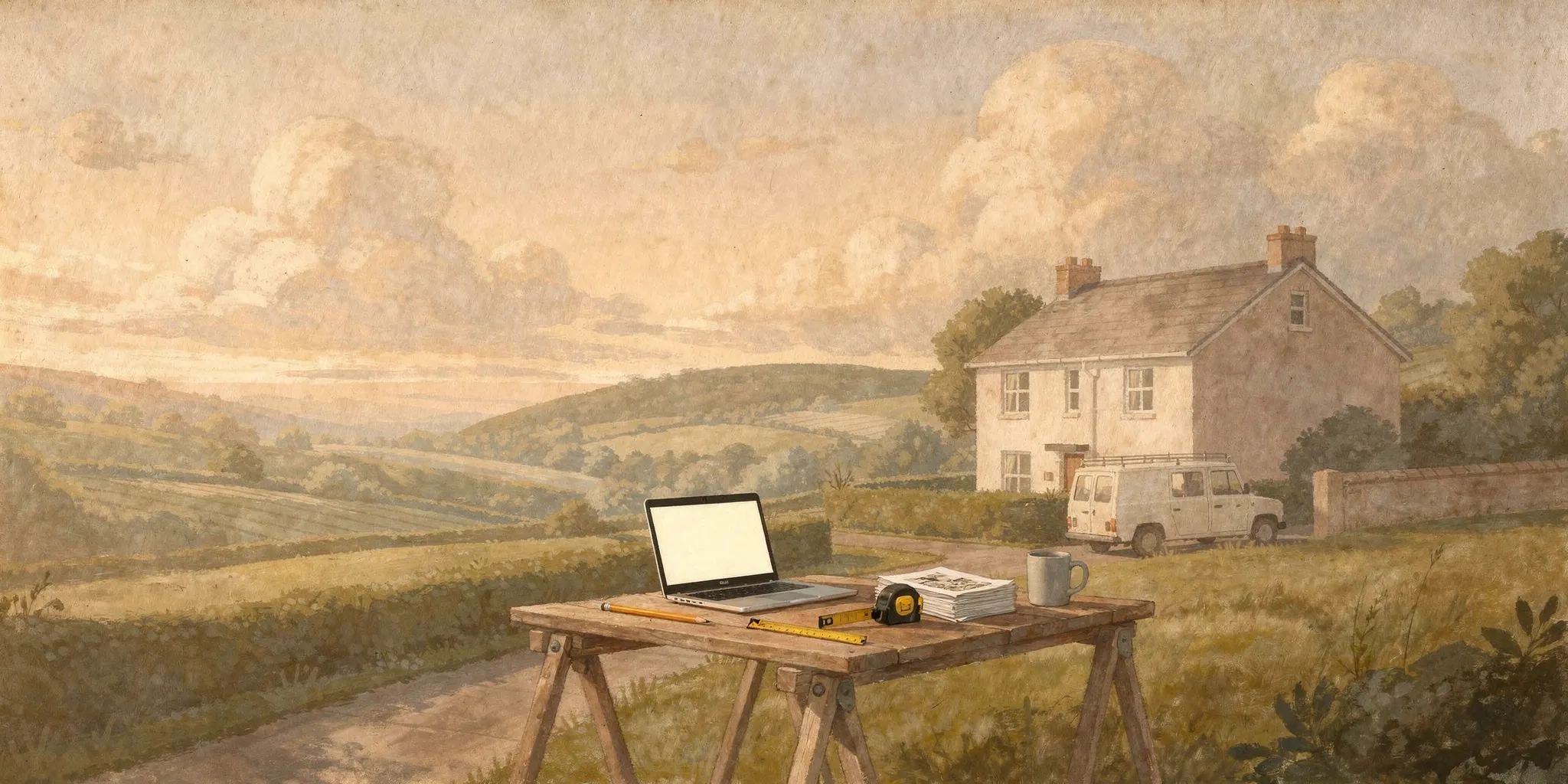 Painting of a trestle table in a workshop yard holding a laptop, a stack of pages and a mug, with a white van, a plain house and hills under soft clouds behind