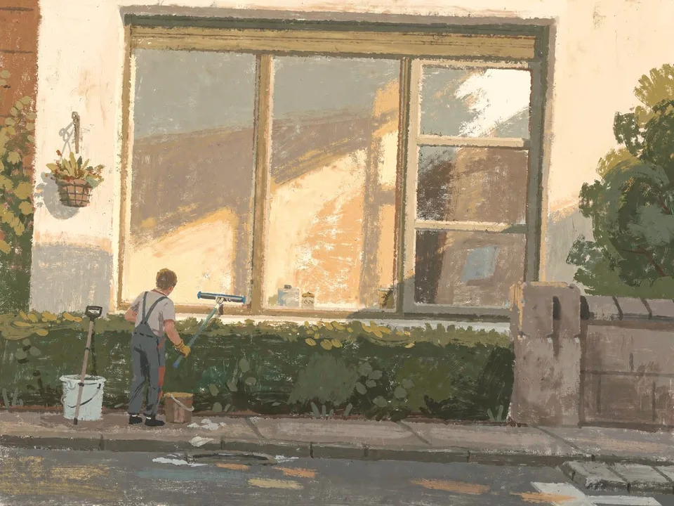 Painting of a window cleaner at a large window seen from the street, with a bucket and a squeegee