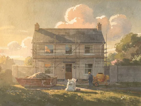 Painting of scaffolding up the front of a plain house, with a skip, a sack of sand and a small cement mixer