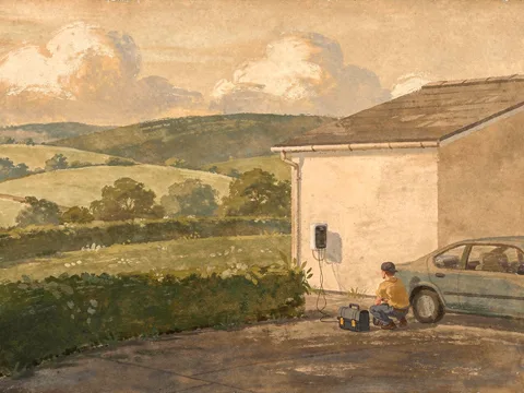 Painting of an electrician crouched at a wall charger on the side of a plain house, a car parked on the driveway