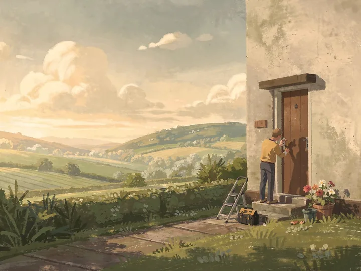 Painting of a handyman at a plain front door with a step ladder and a tool bag on the path, hills behind