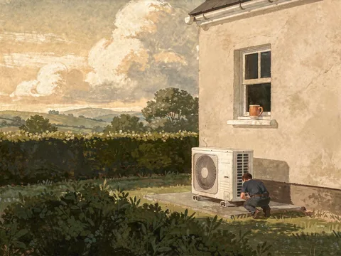 Painting of an engineer crouched beside a white heat pump at the corner of a plain house, a mug on the windowsill