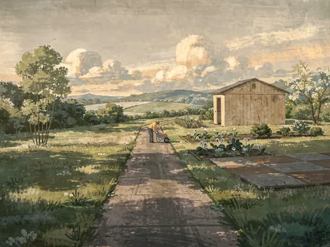 Painting of a gardener pushing a wheelbarrow along a garden path past vegetable beds and a small wooden shed