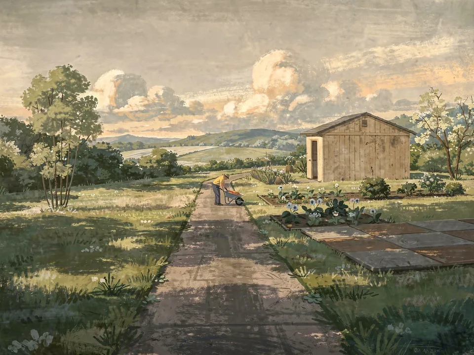Painting of a gardener pushing a wheelbarrow along a garden path past vegetable beds and a small wooden shed