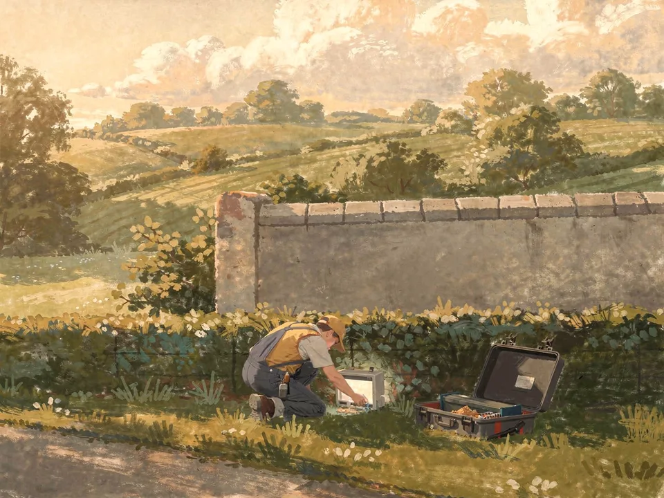 Painting of a pest control technician crouched at the base of a garden wall, an equipment case open beside them