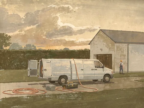 Painting of a plumber’s white van with its rear doors open on a driveway, a coil of hose and a toolbox on the ground