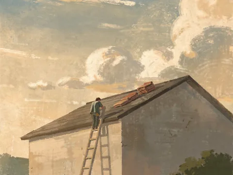 Painting of a roofer on a ladder at the eaves of a plain pitched roof, tiles stacked near the ridge, under a big soft sky