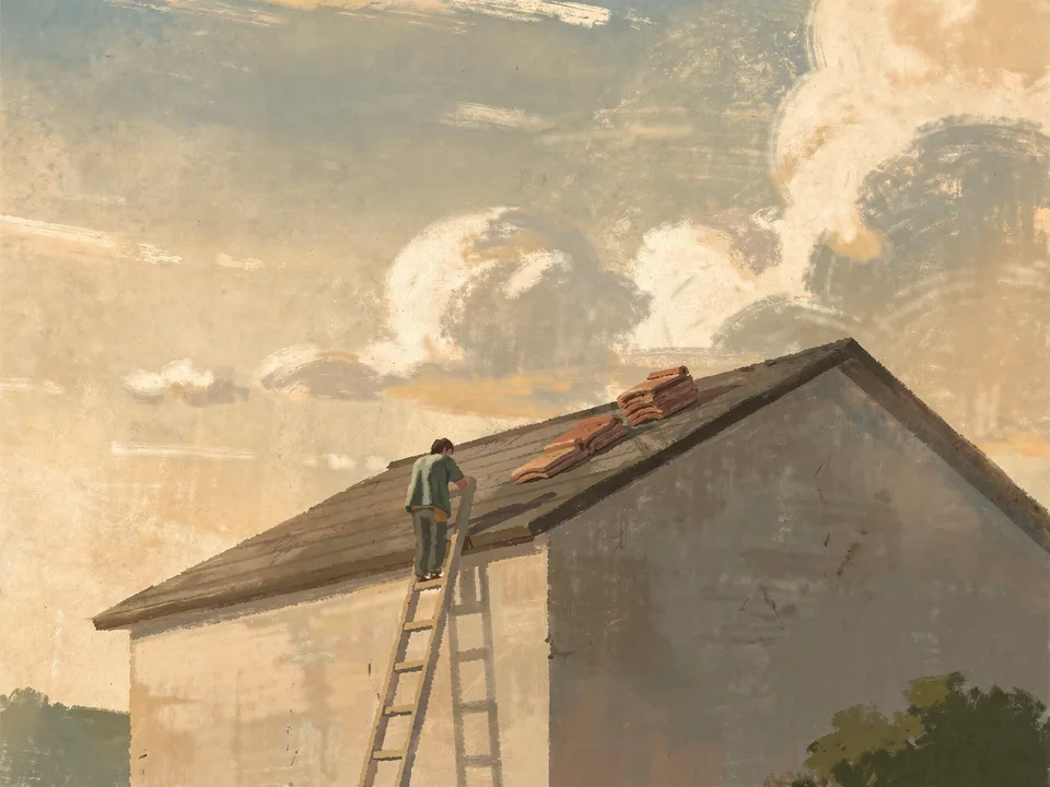 Painting of a roofer on a ladder at the eaves of a plain pitched roof, tiles stacked near the ridge, under a big soft sky