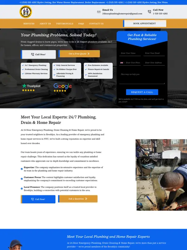 Screenshot of the 24 Hour Emergency Plumbing, Drain Cleaning & Home Repair website