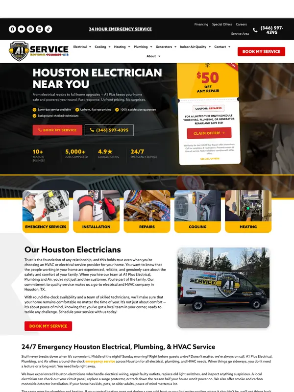 Screenshot of the A1 Plus Electrical, Plumbing and Air website