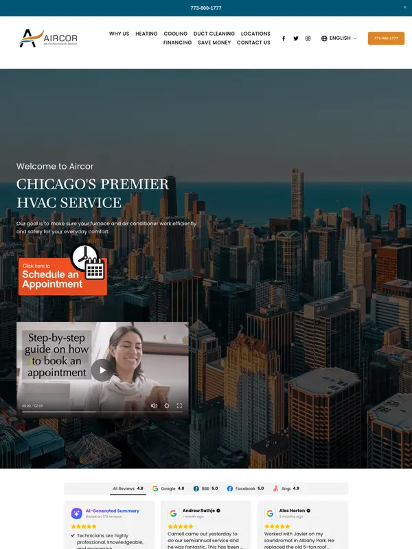 Screenshot of the Aircor Heating and Cooling website