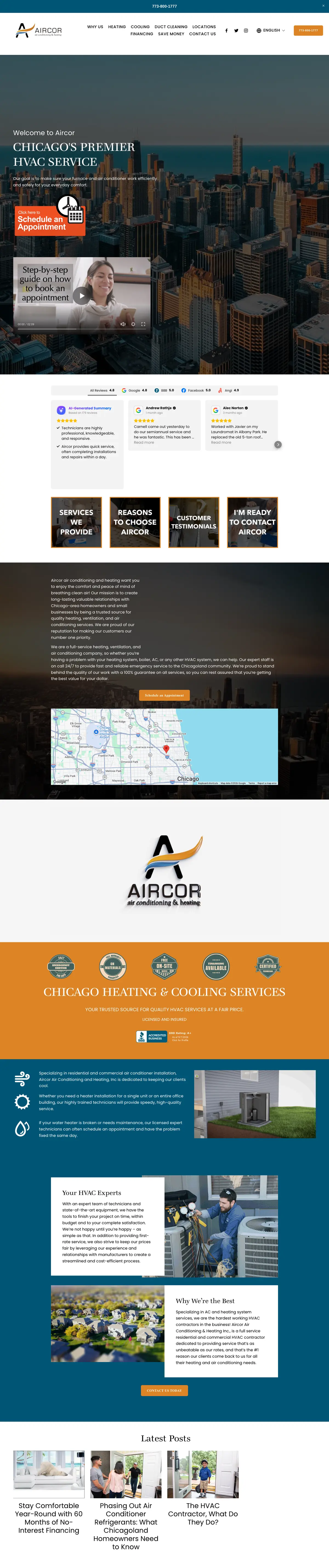 Full page screenshot of the Aircor Heating and Cooling website