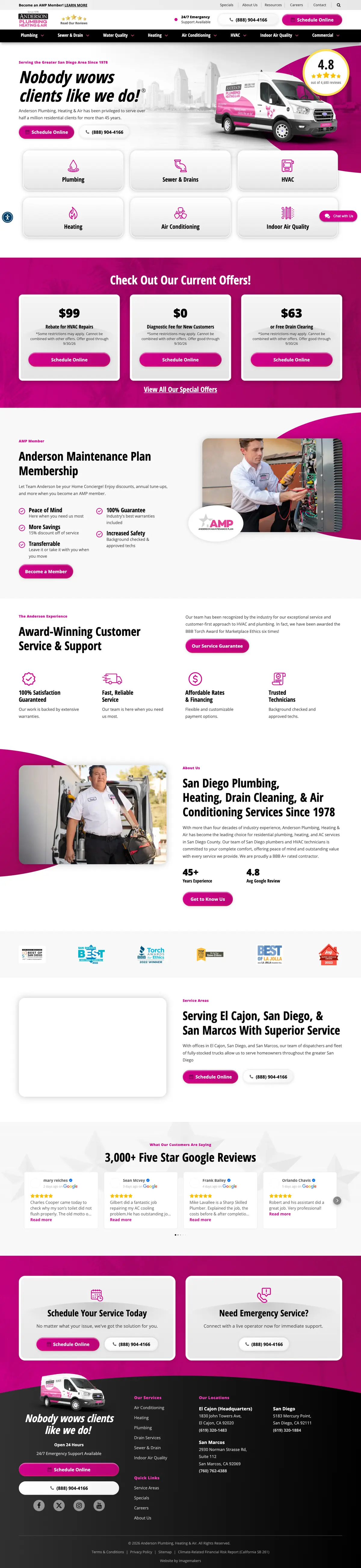 Full page screenshot of the Anderson Plumbing, Heating & Air website