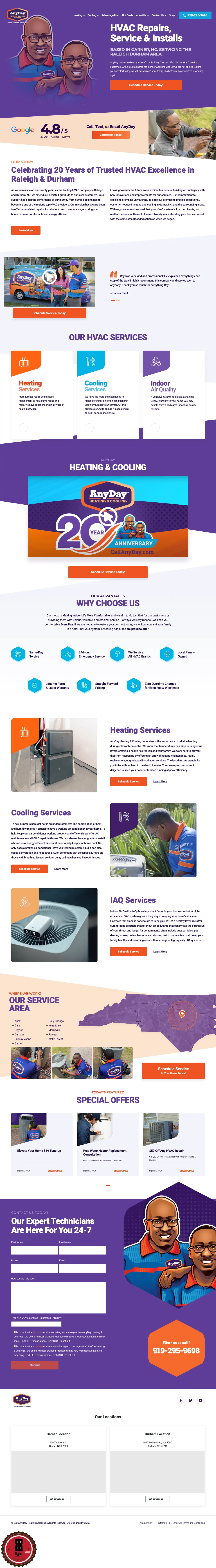 Full page screenshot of the AnyDay Heating & Cooling website