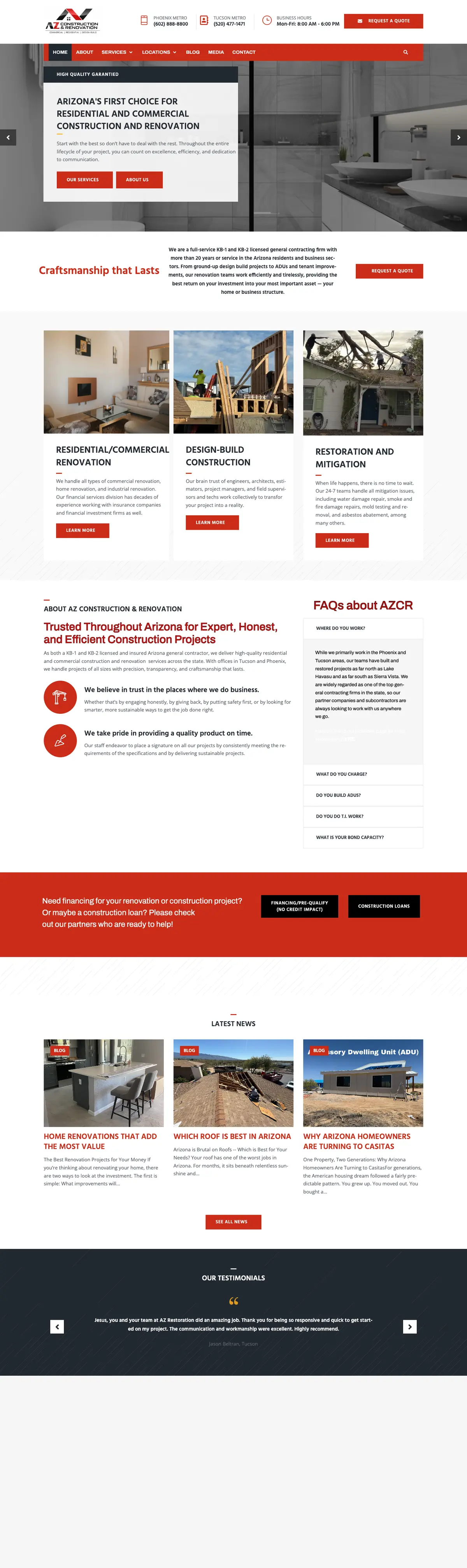 Full page screenshot of the AZ Construction & Renovation website