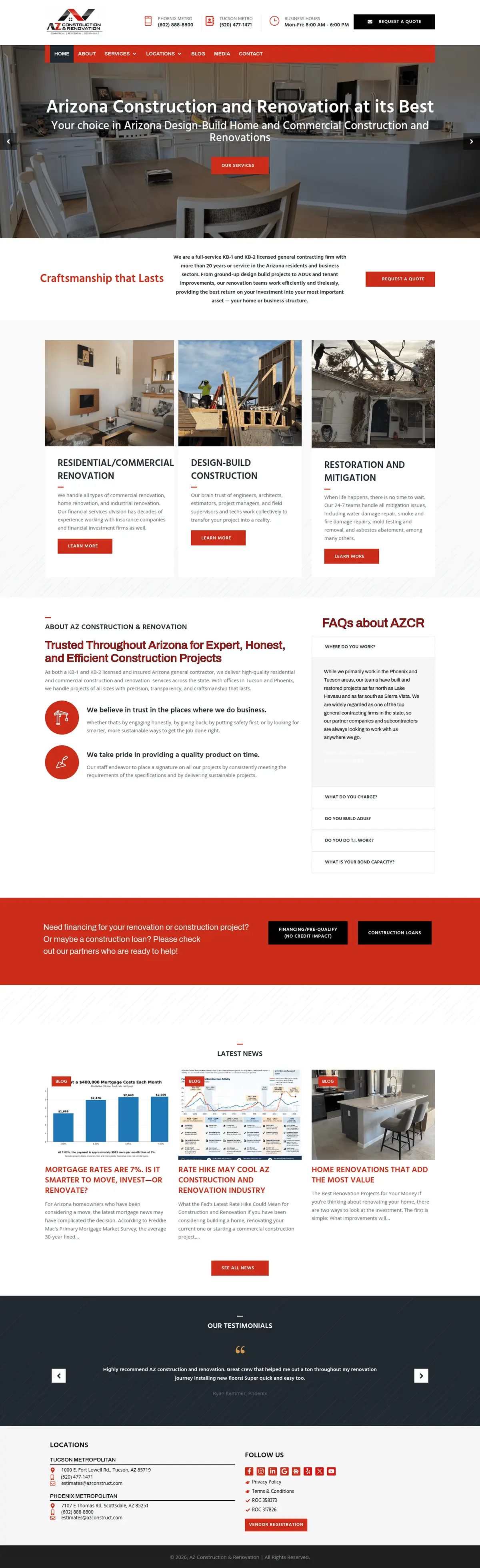 Full page screenshot of the AZ Construction & Renovation website