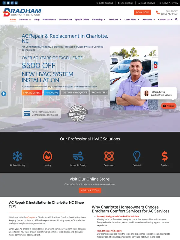 Screenshot of the Bradham Comfort Services website