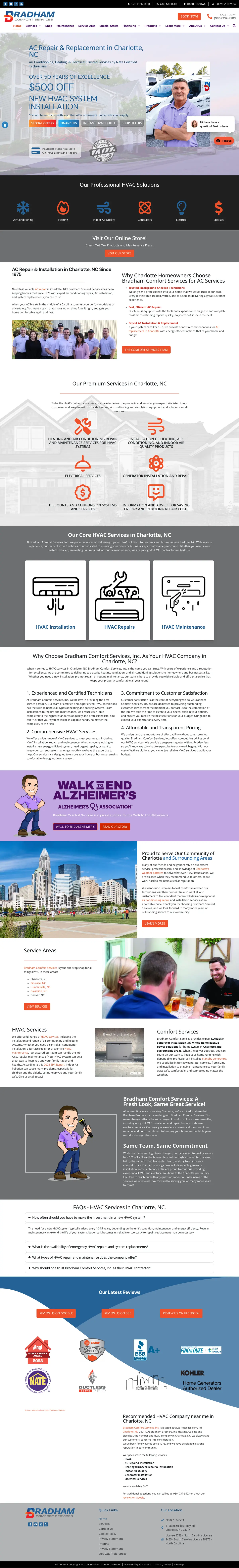 Full page screenshot of the Bradham Comfort Services website