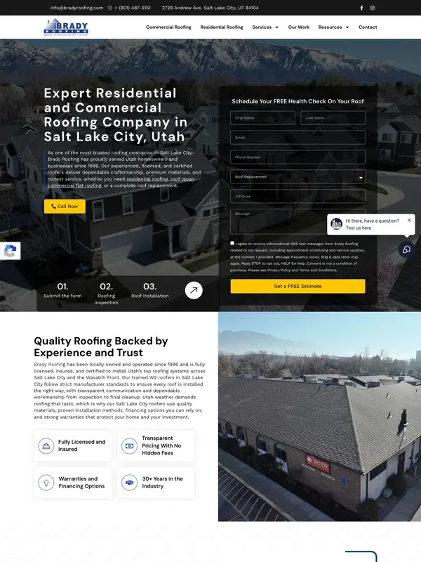 Screenshot of the Brady Roofing website