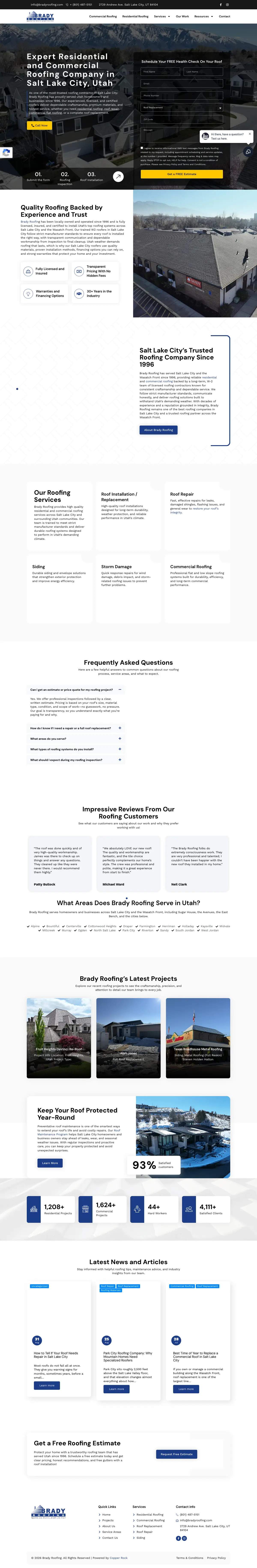 Full page screenshot of the Brady Roofing website