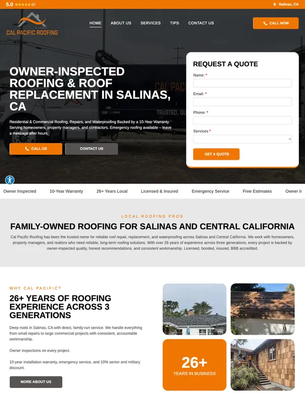 Screenshot of the Cal Pacific Roofing website