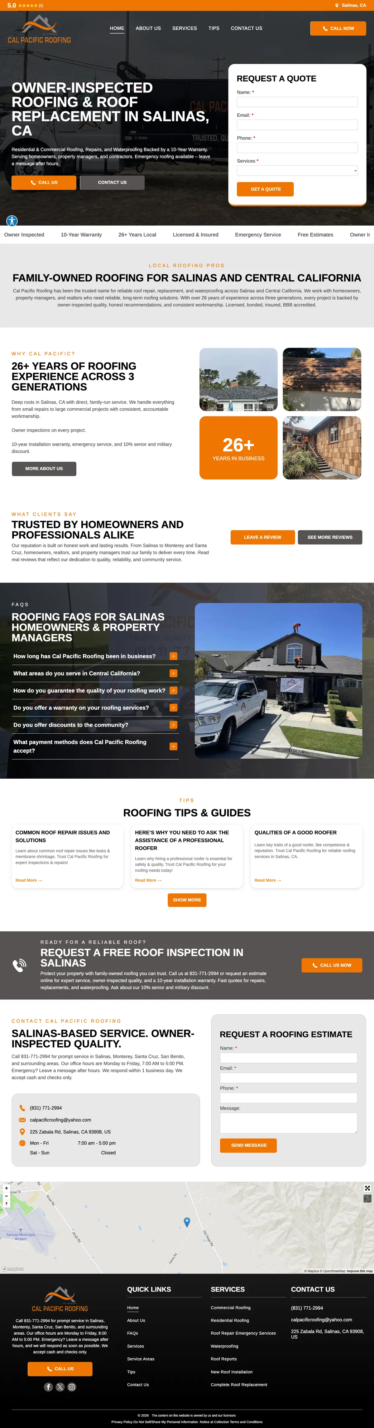 Full page screenshot of the Cal Pacific Roofing website