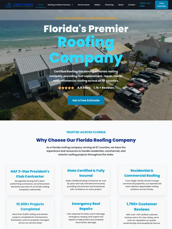 Screenshot of the Certified Roofing Solutions website