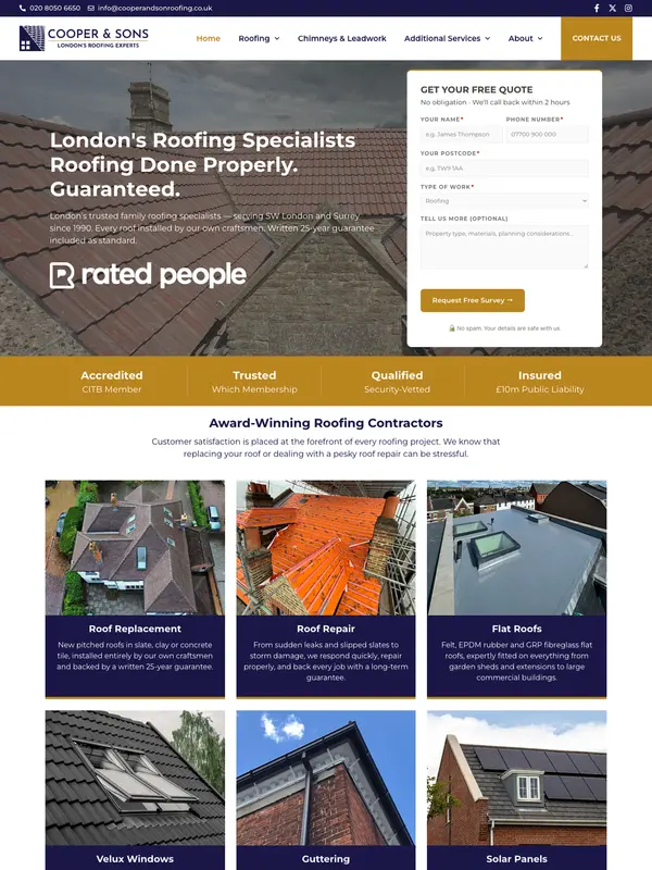 Screenshot of the Cooper & Sons Roofing website