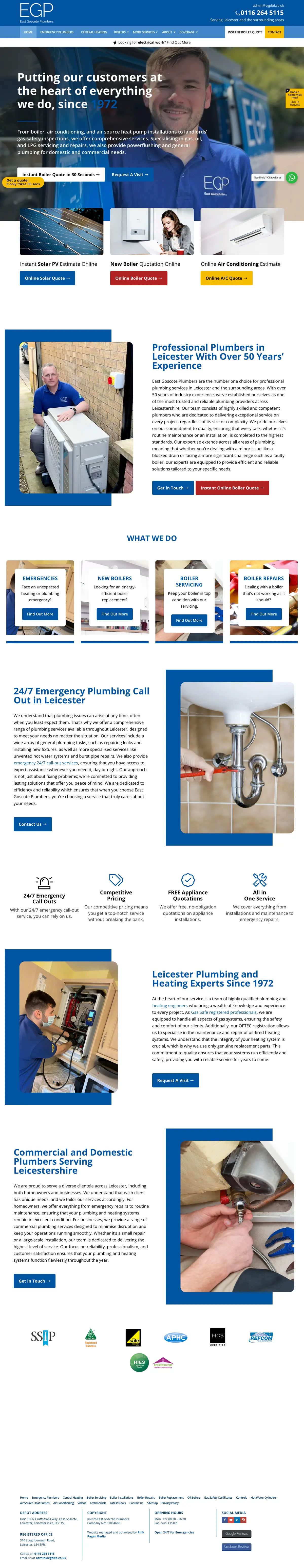 Full page screenshot of the East Goscote Plumbers website