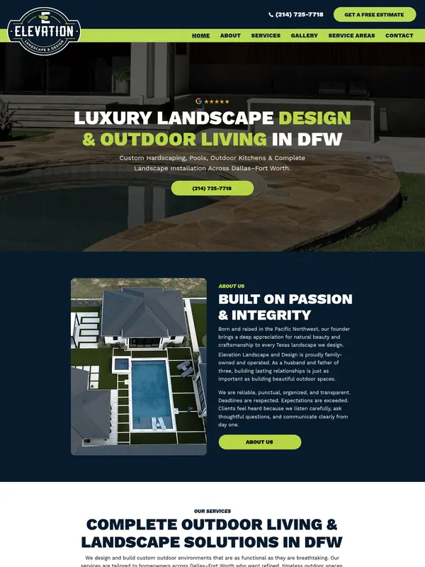 Screenshot of the Elevation Landscape & Design website