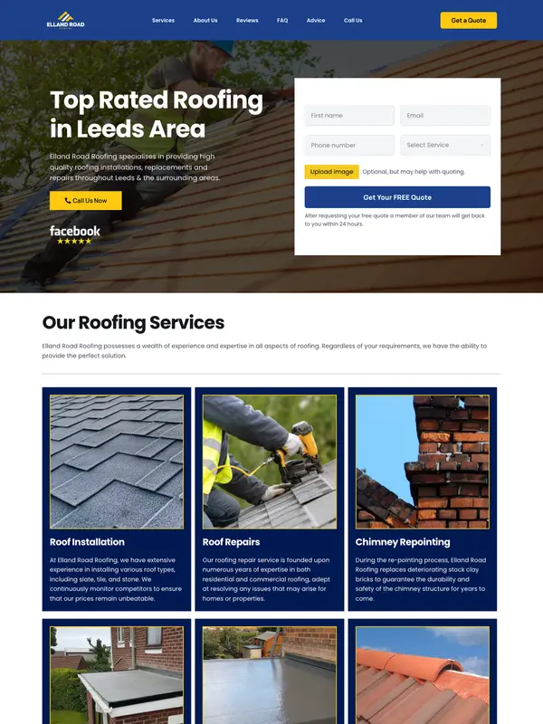 Screenshot of the Elland Road Roofing website