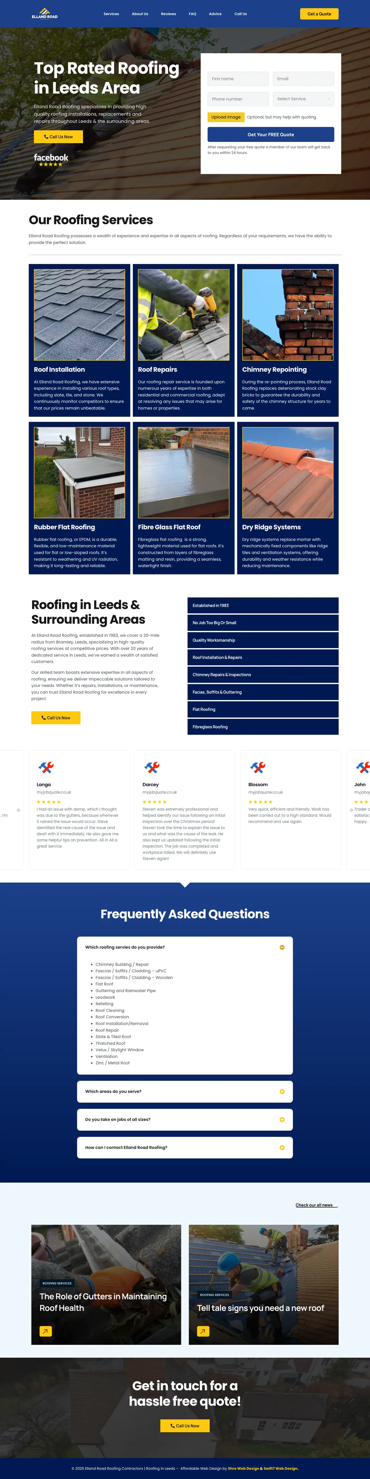 Full page screenshot of the Elland Road Roofing website