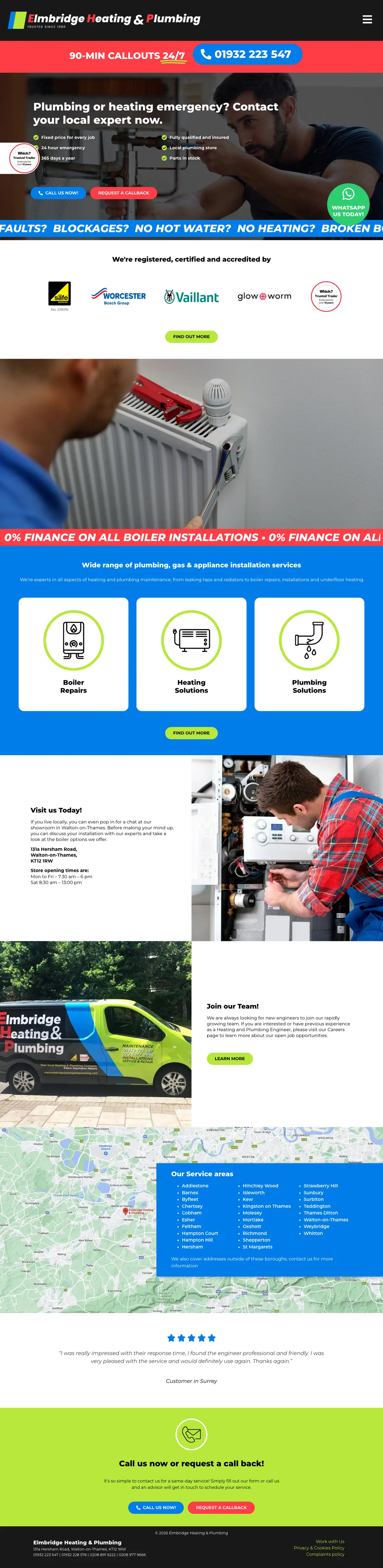 Full page screenshot of the Elmbridge Heating and Plumbing website
