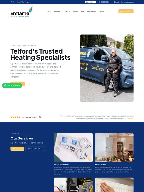 Screenshot of the Enflame Heating and Plumbing website