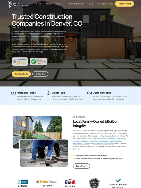 Screenshot of the Faros Construction Services website
