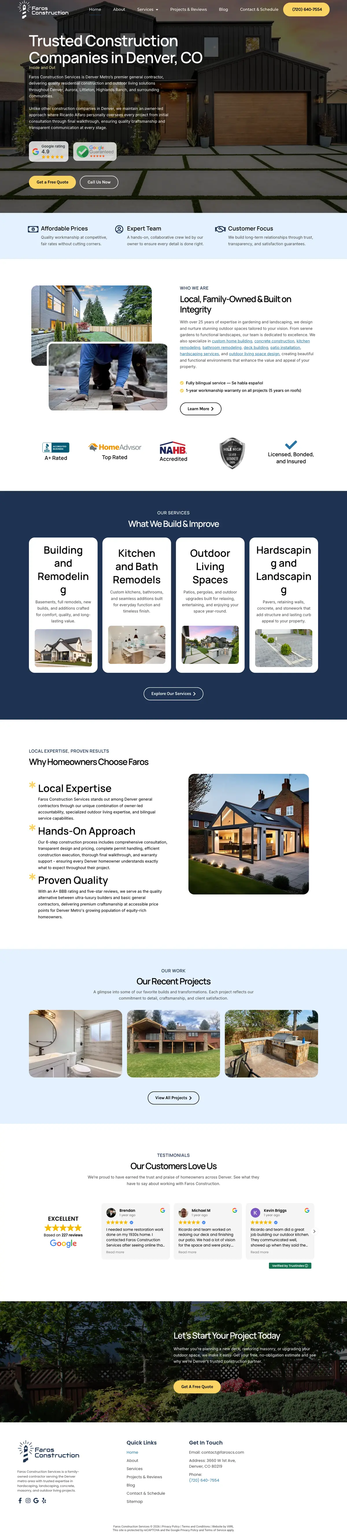 Full page screenshot of the Faros Construction Services website