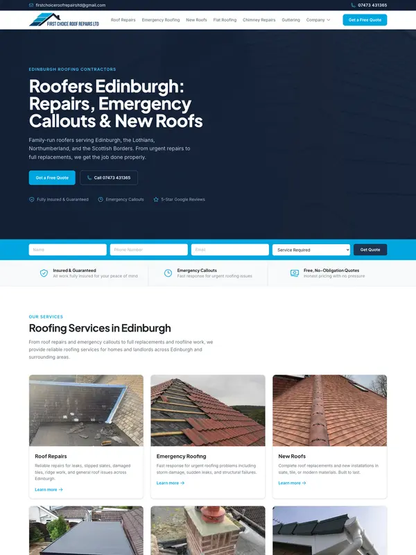Screenshot of the First Choice Roof Repairs website