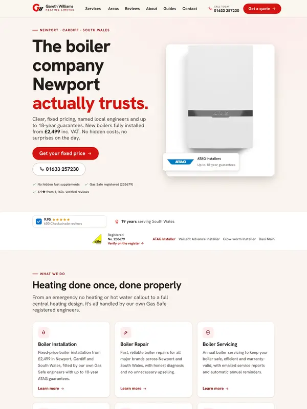 Screenshot of the Gareth Williams Heating website