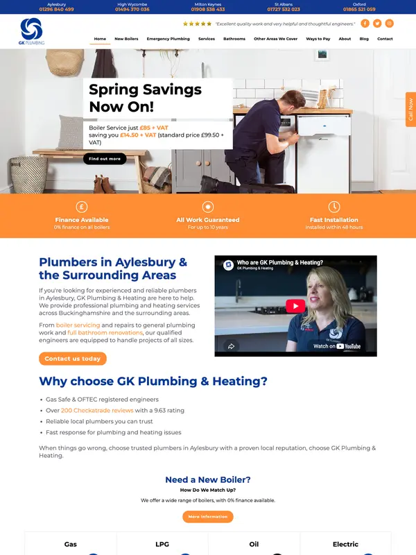 Screenshot of the GK Plumbing website