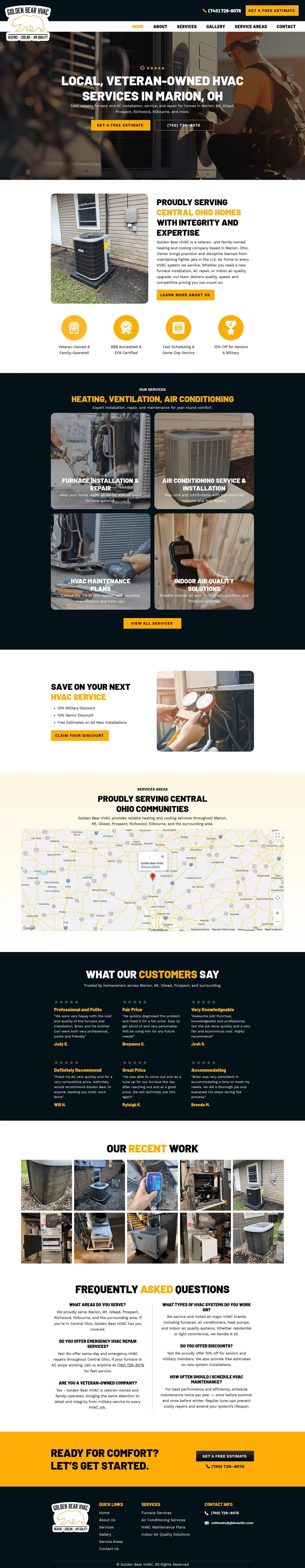 Full page screenshot of the Golden Bear HVAC website