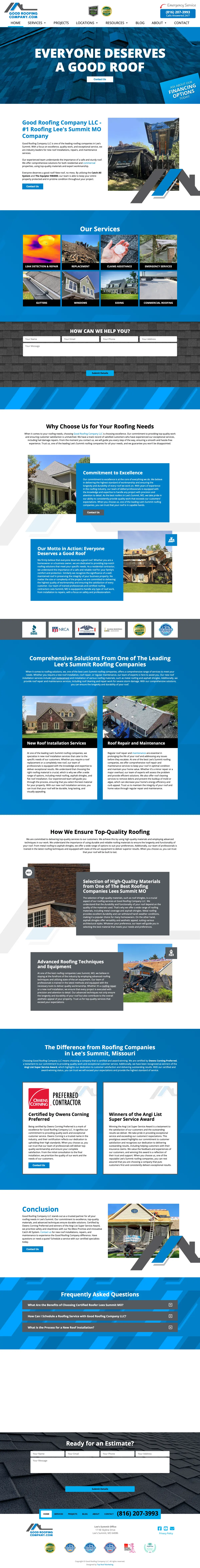 Full page screenshot of the Good Roofing Company website