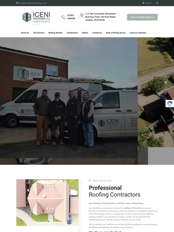 Screenshot of the Iceni Roofing website