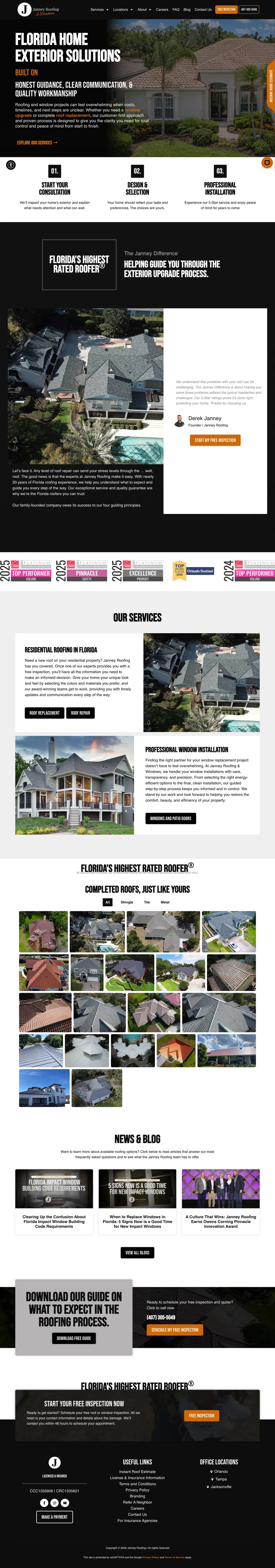 Full page screenshot of the Janney Roofing & Windows website