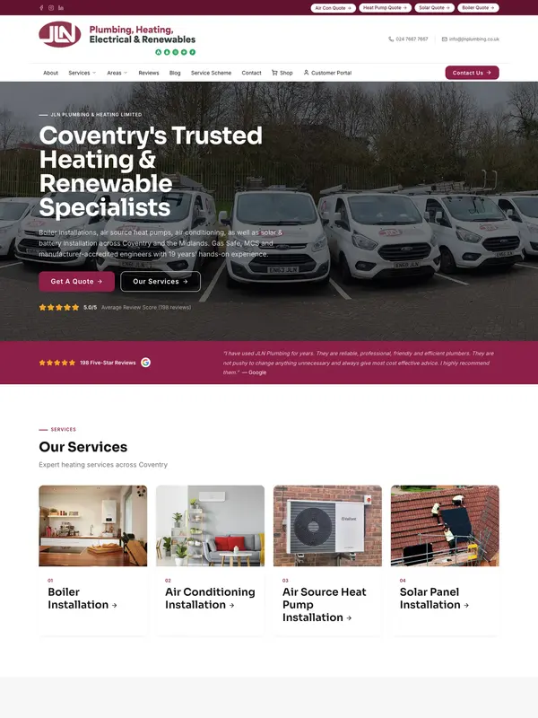 Screenshot of the JLN Plumbing & Heating website