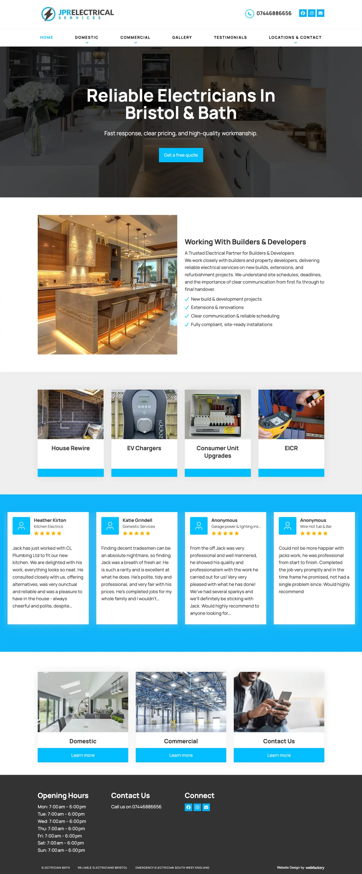 Full page screenshot of the JPR Electrical Services website
