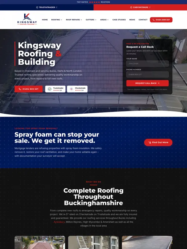 Screenshot of the Kingsway Roofing & Building website