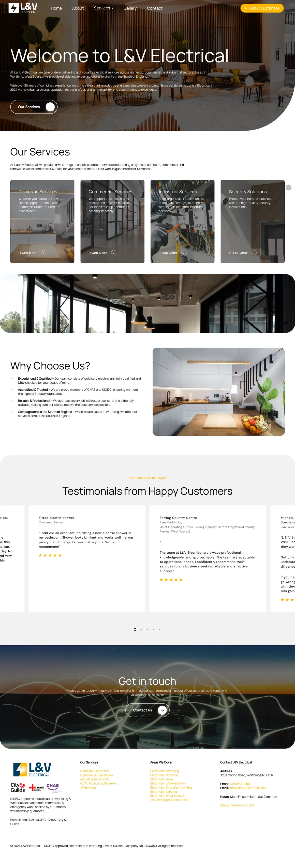 Full page screenshot of the L&V Electrical website